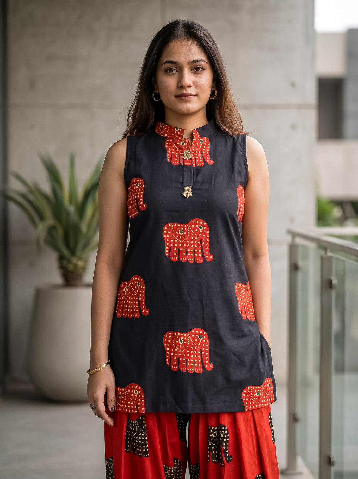 Black Elephant Print Kurta with Red Farshi Salwar