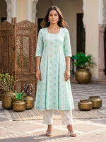 Mint PolkaA Shape kalidar Kurta with Straight Pants with Dupatta