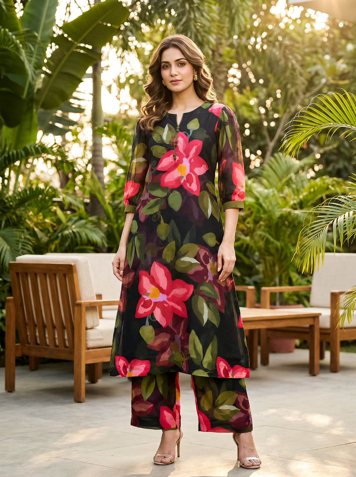 Black & Green Floral Printed A-Line Crepe Kurta Set with Pants