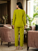 Cotton Coord Set with Lace Deatiling V neck Top and Straight Pants