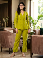 Cotton Coord Set with Lace Deatiling V neck Top and Straight Pants