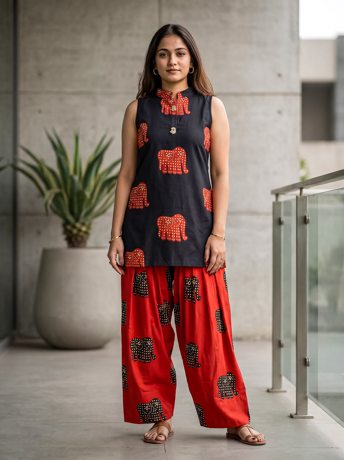 Black Elephant Print Kurta with Red Farshi Salwar
