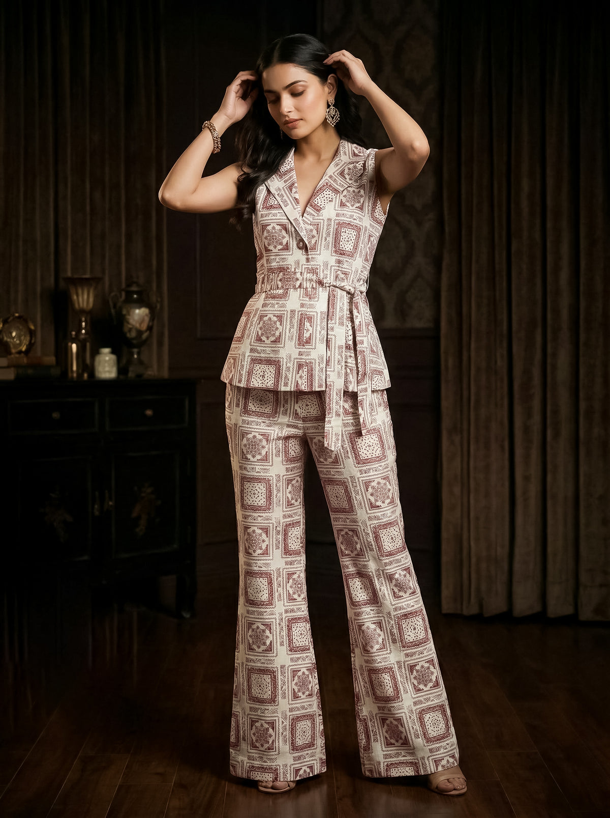 Geometric Printed Blazer Top with Trousers