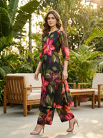 Black & Green Floral Printed A-Line Crepe Kurta Set with Pants