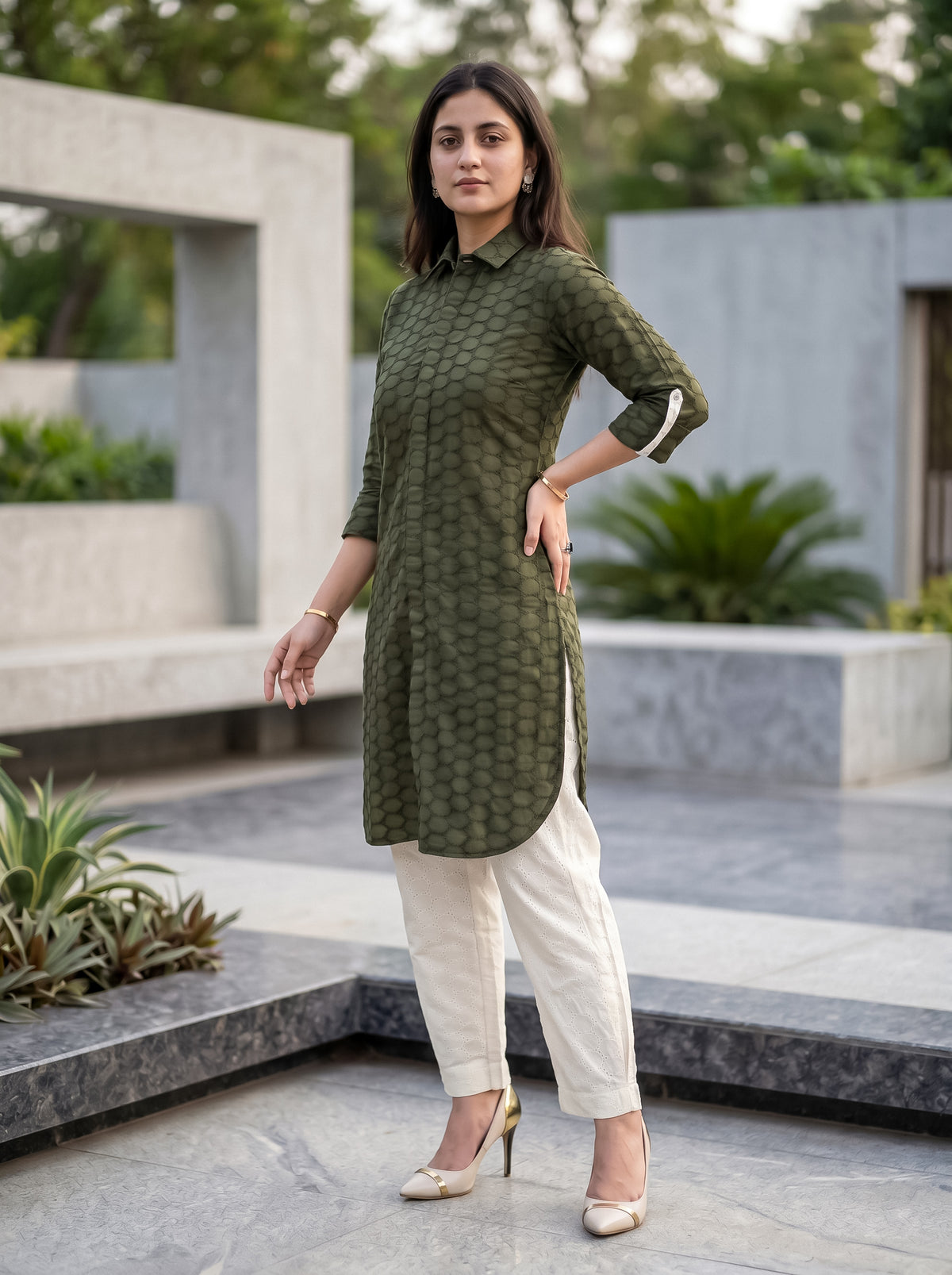 Olive Green Hacuba work Shirt Style Kurta with Pants