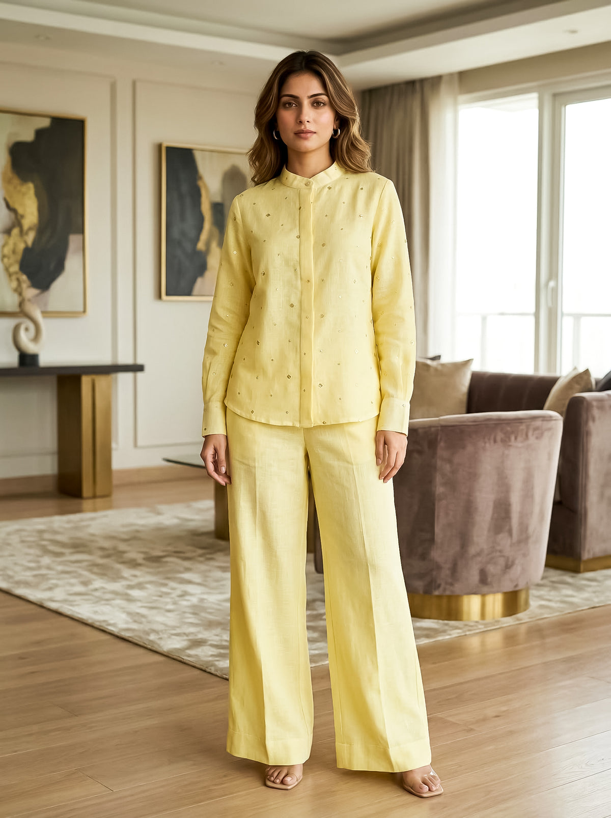 Solid Yellow Embellished Linen Coord Set with Straight Pants