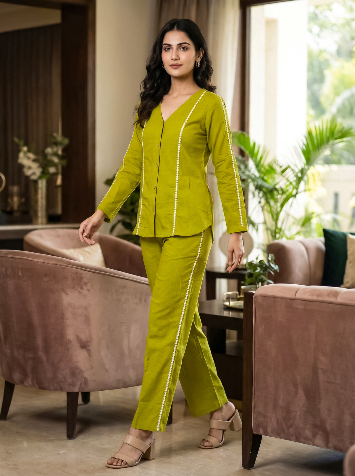 Cotton Coord Set with Lace Deatiling V neck Top and Straight Pants