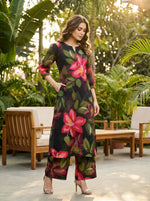 Black & Green Floral Printed A-Line Crepe Kurta Set with Pants