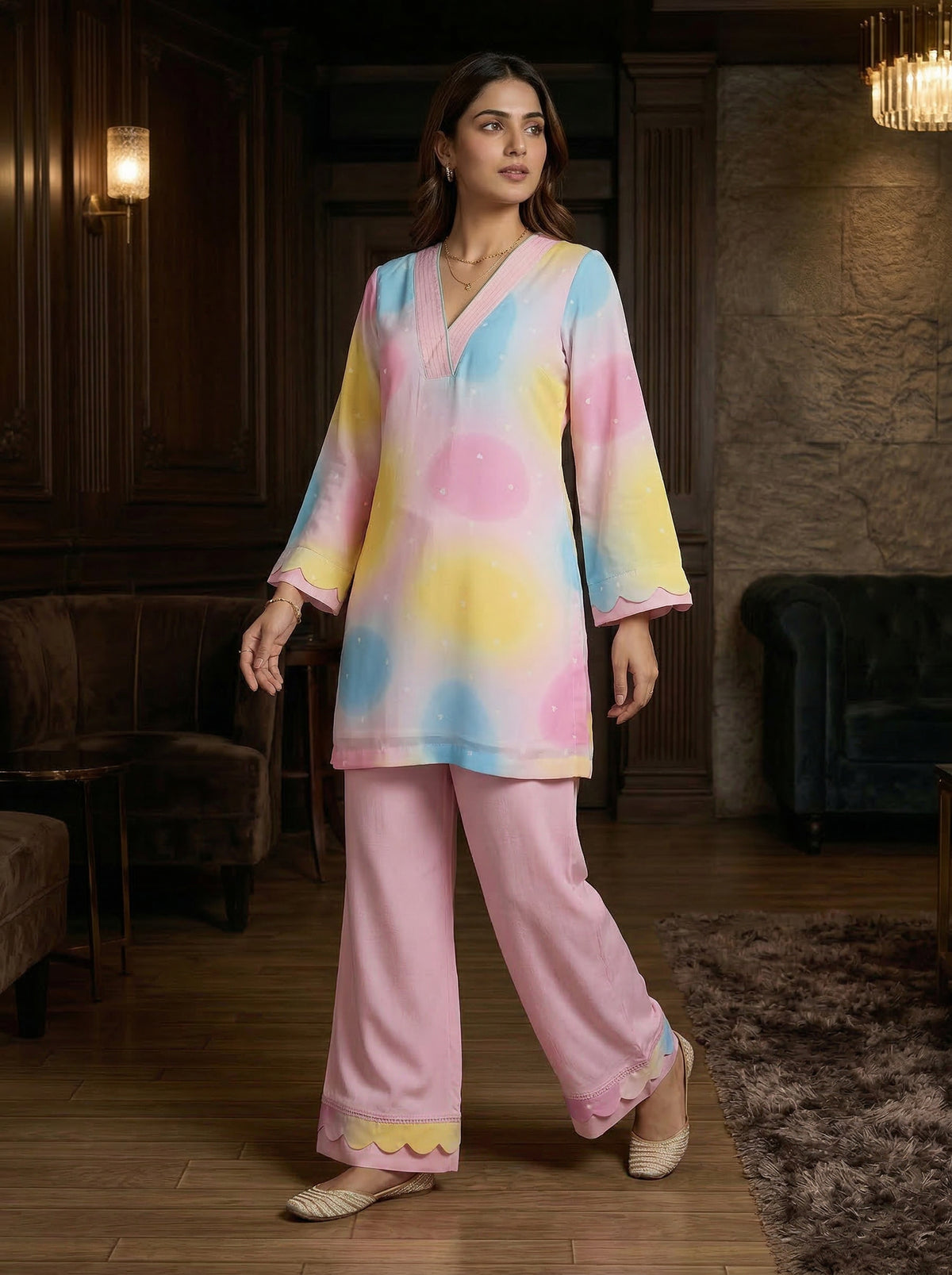 Multicolor Abstract Printed kurta with Pink Palazzo Set