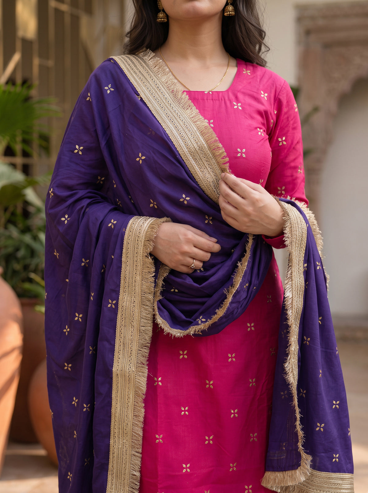 Majenta Mukaish Kurta Set with Dupatta