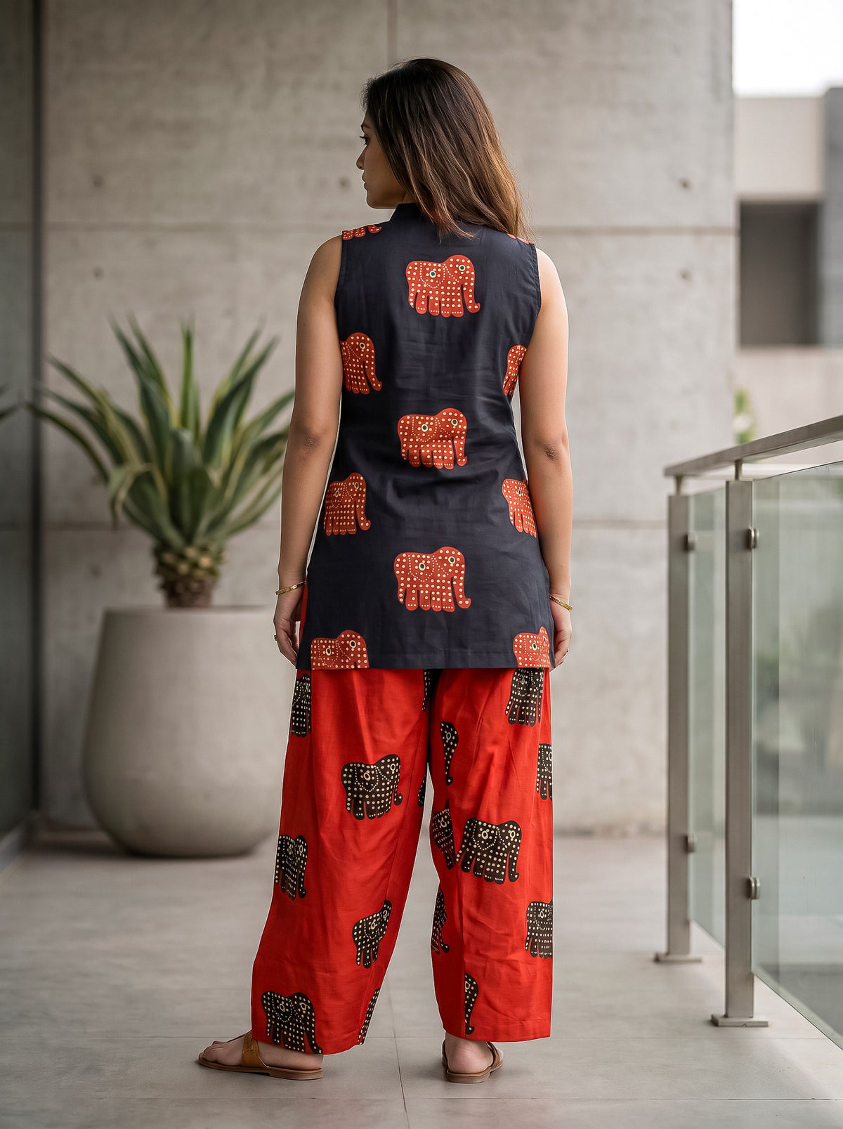Black Elephant Print Kurta with Red Farshi Salwar