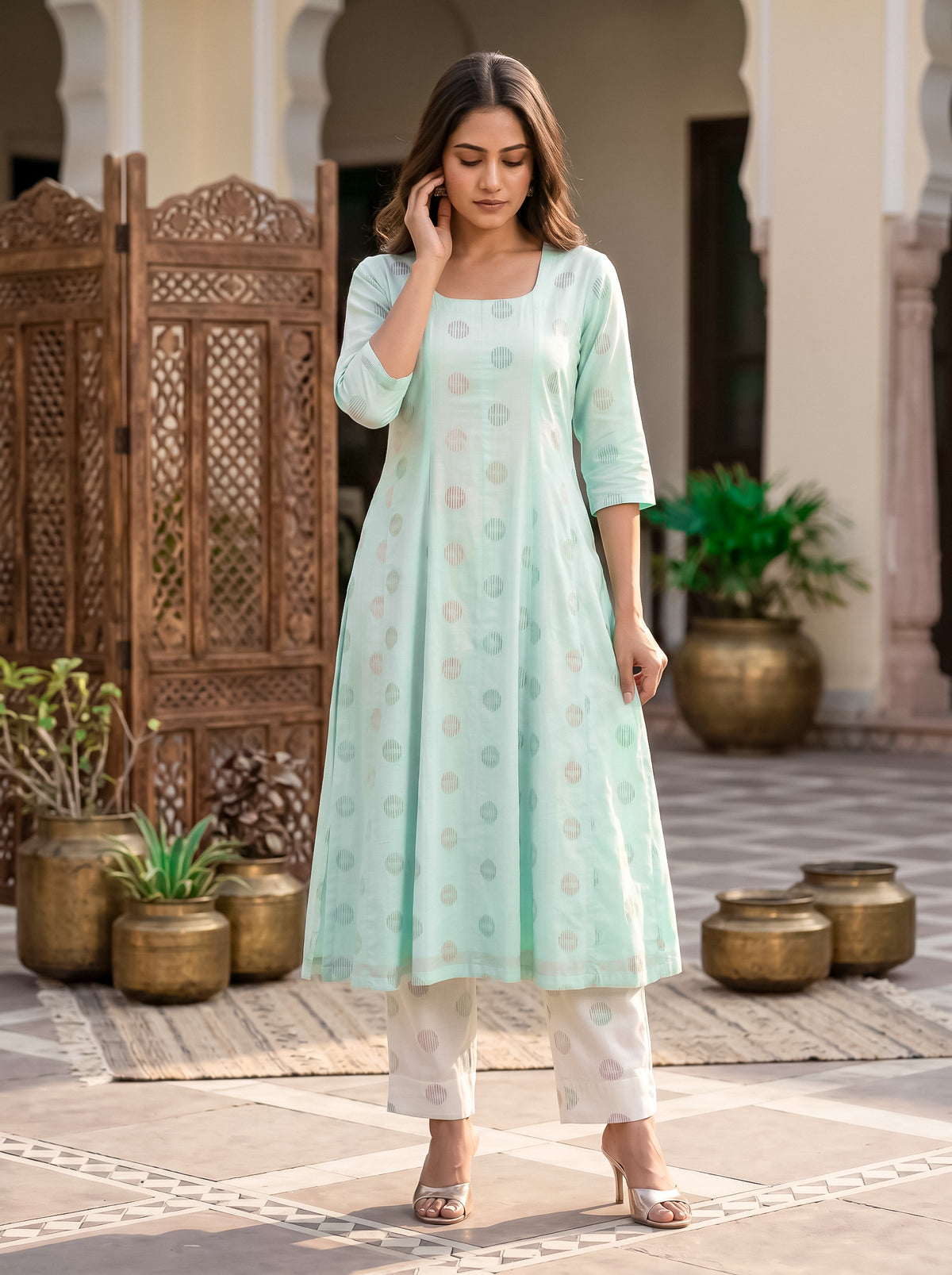 Mint PolkaA Shape kalidar Kurta with Straight Pants with Dupatta