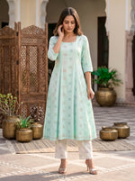Mint PolkaA Shape kalidar Kurta with Straight Pants with Dupatta