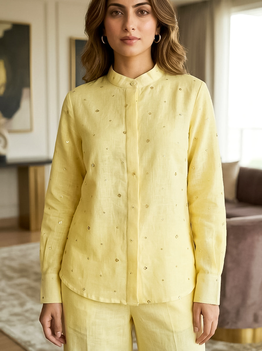 Solid Yellow Embellished Linen Coord Set with Straight Pants