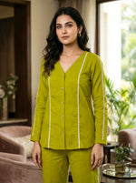 Cotton Coord Set with Lace Deatiling V neck Top and Straight Pants