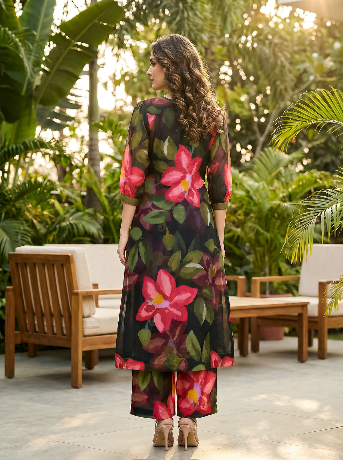 Black & Green Floral Printed A-Line Crepe Kurta Set with Pants
