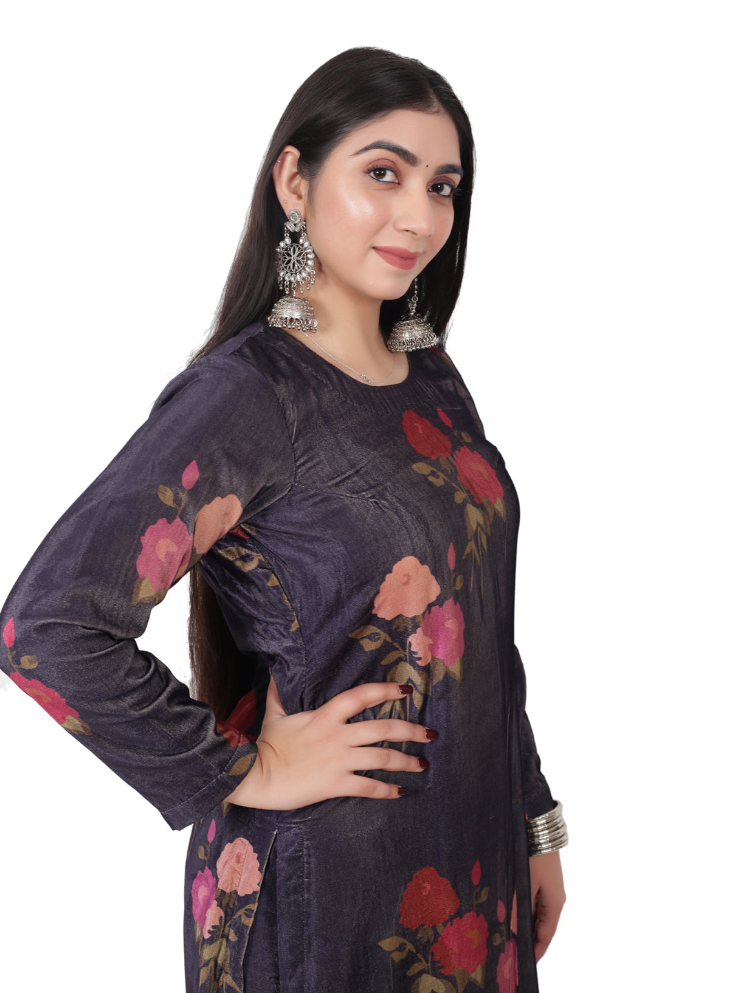 VELVET PURPLE FLORRAL KURTA SET