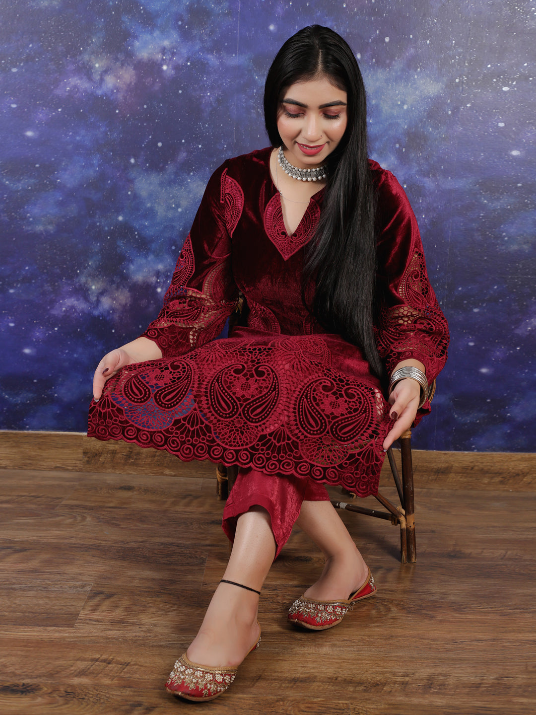 RED VELVET KURTA SET