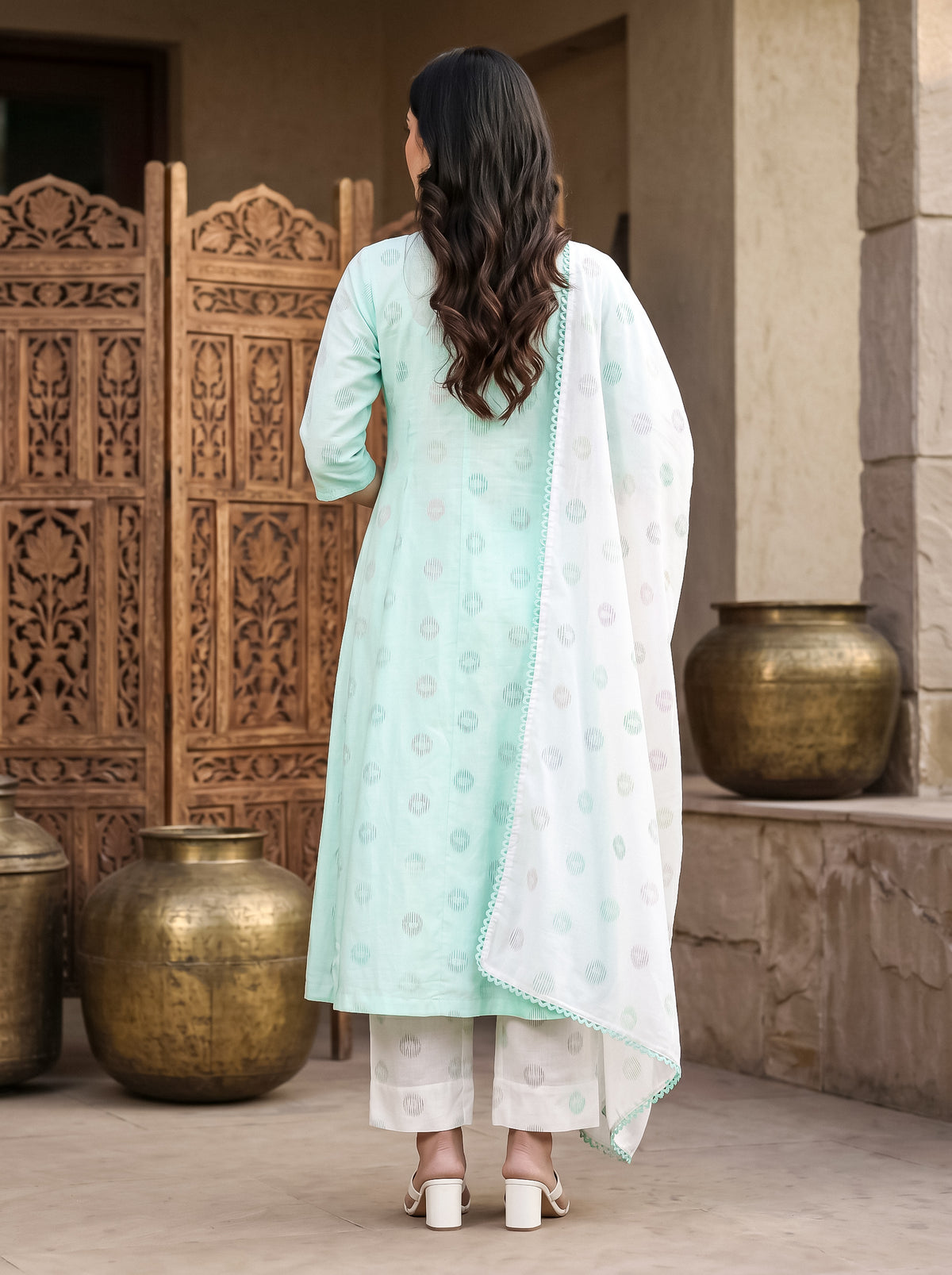 Mint PolkaA Shape kalidar Kurta with Straight Pants with Dupatta