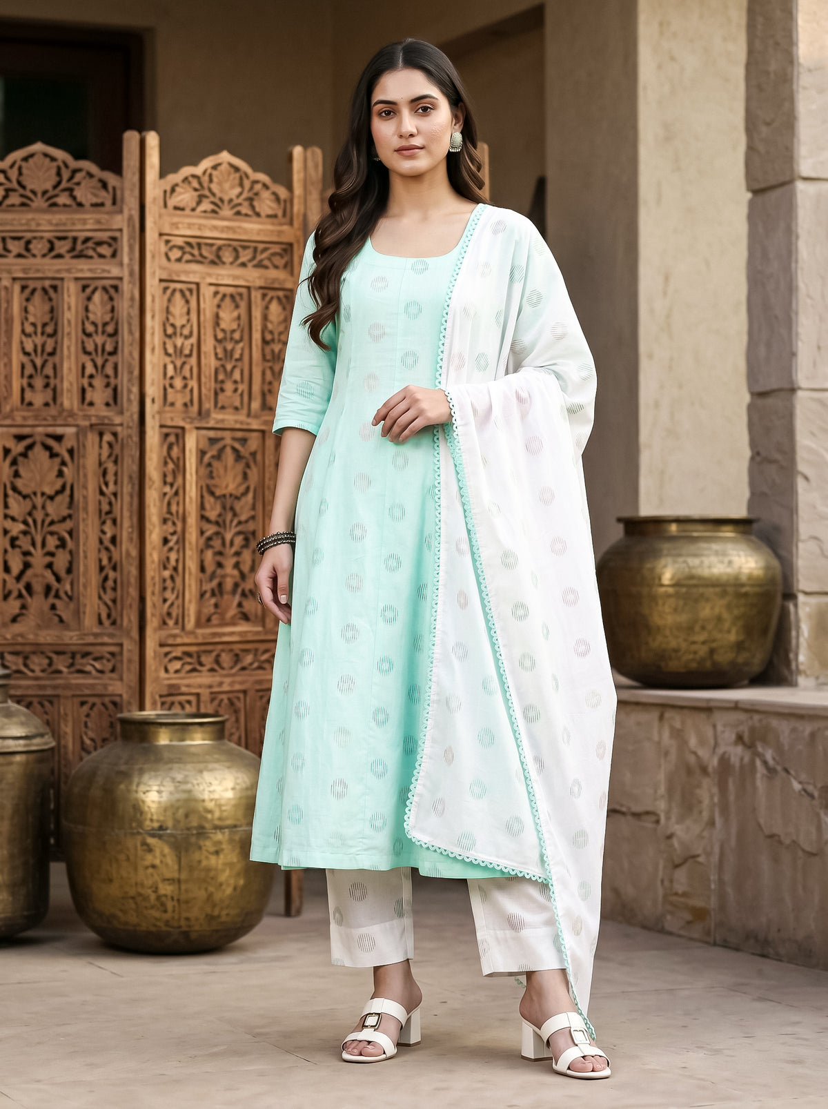 Mint PolkaA Shape kalidar Kurta with Straight Pants with Dupatta