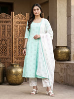 Mint PolkaA Shape kalidar Kurta with Straight Pants with Dupatta