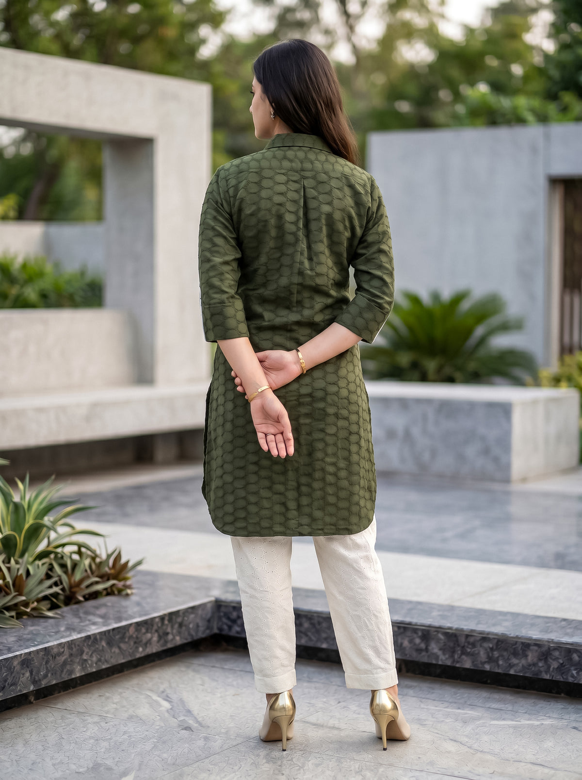 Olive Green Hacuba work Shirt Style Kurta with Pants