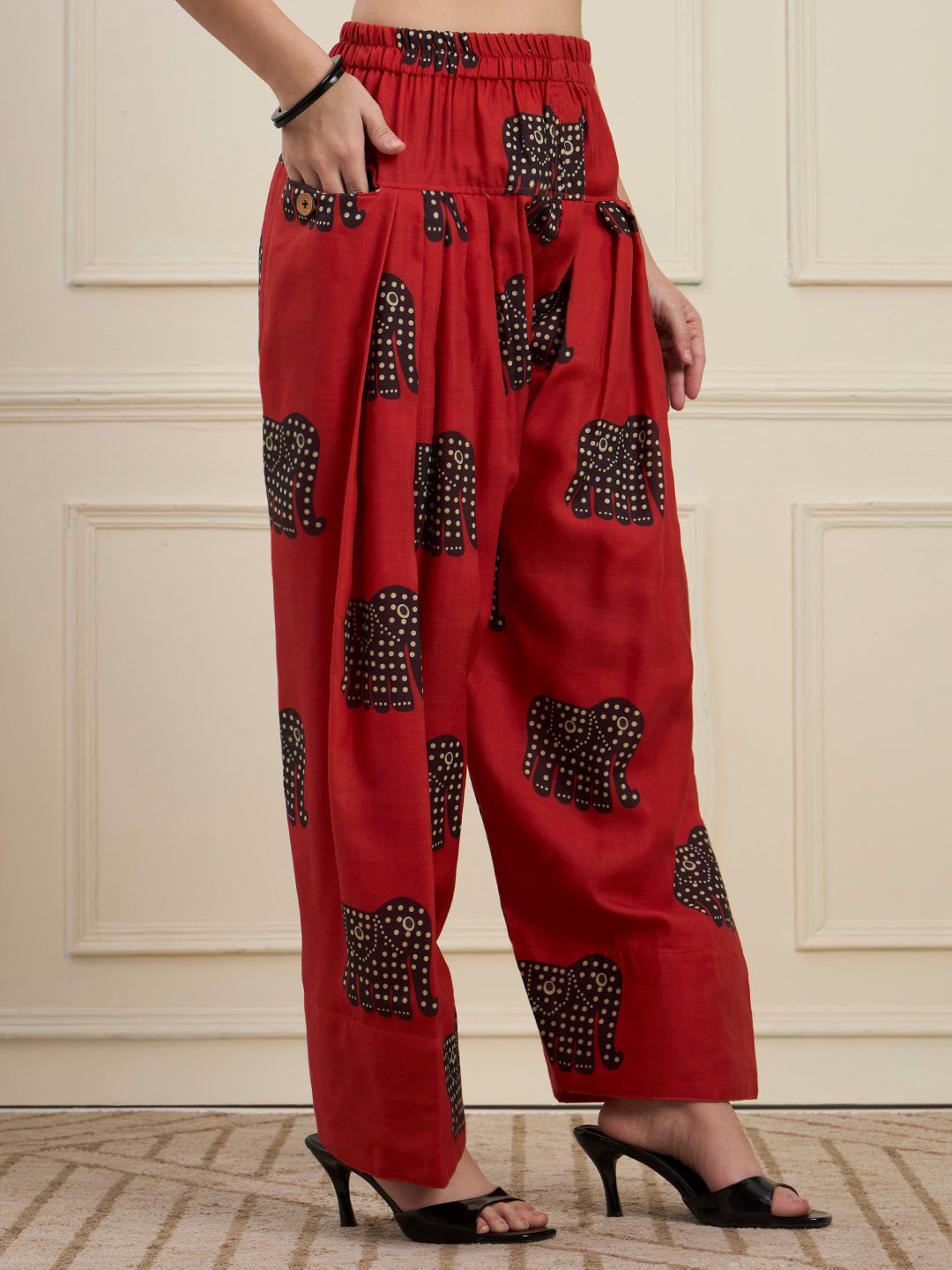 Black Elephant Print Kurta with Red Farshi Salwar