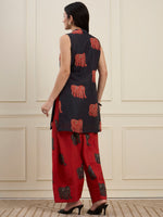 Black Elephant Print Kurta with Red Farshi Salwar