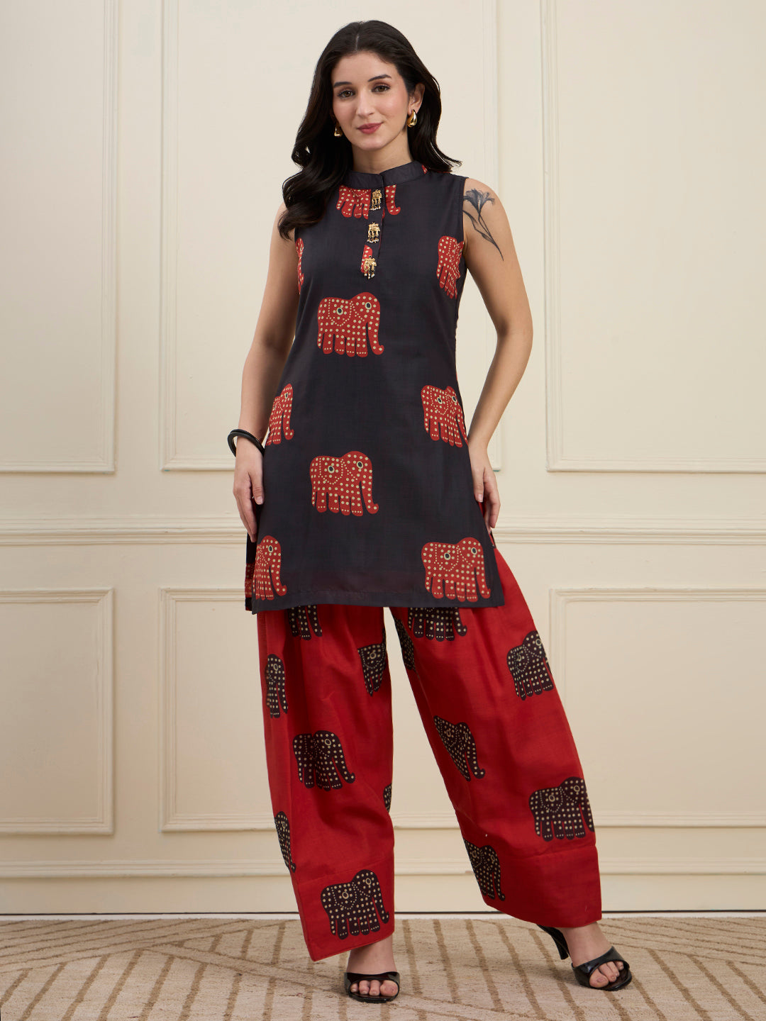 Black Elephant Print Kurta with Red Farshi Salwar