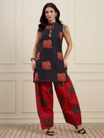 Black Elephant Print Kurta with Red Farshi Salwar