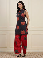 Black Elephant Print Kurta with Red Farshi Salwar