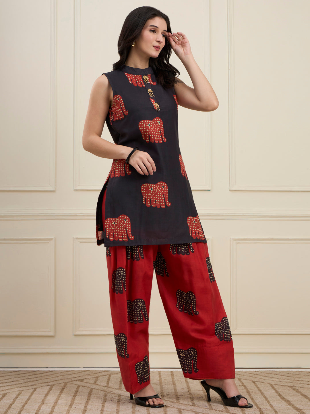 Black Elephant Print Kurta with Red Farshi Salwar