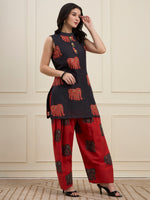 Black Elephant Print Kurta with Red Farshi Salwar