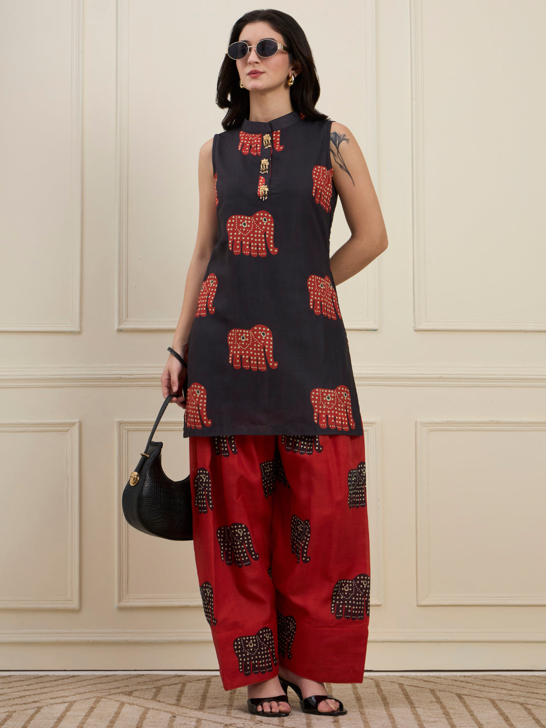 Black Elephant Print Kurta with Red Farshi Salwar