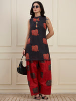 Black Elephant Print Kurta with Red Farshi Salwar