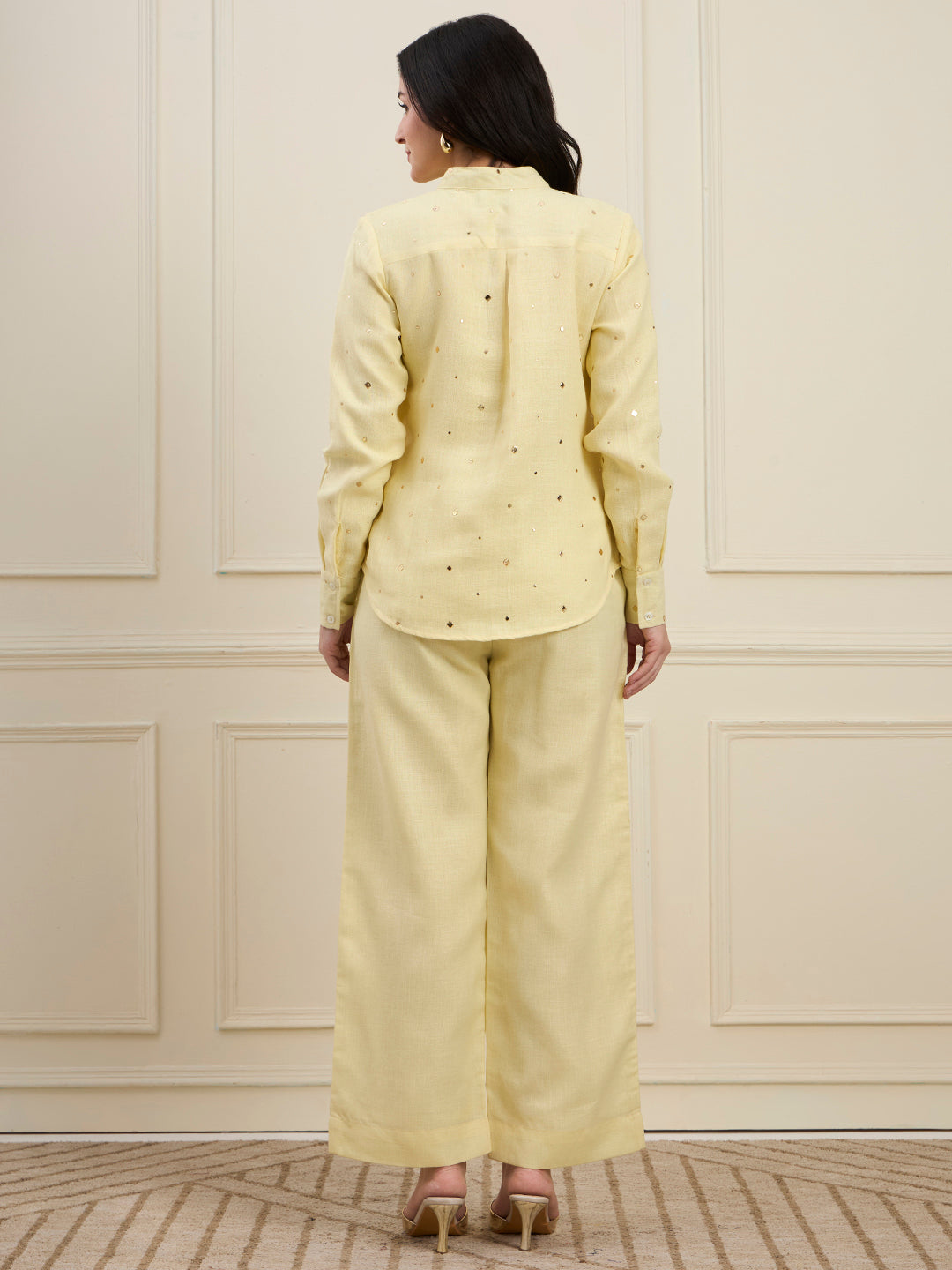 Solid Yellow Embellished Linen Coord Set with Straight Pants