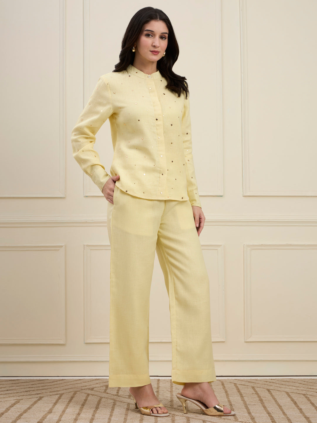 Solid Yellow Embellished Linen Coord Set with Straight Pants